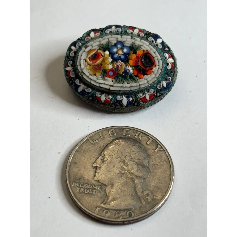 Vintage Brass Micro Mosaic Floral Brooch Pin Made in Italy Multi-Color Glass